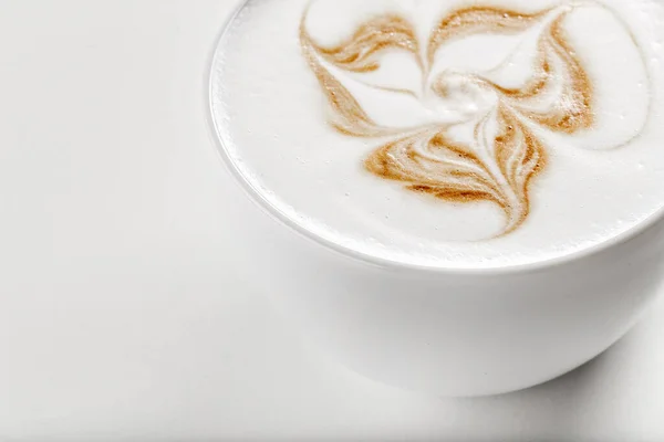 Hot Cappuccino Latte Art Top White Ceramic Mug White Background — Stock Photo, Image