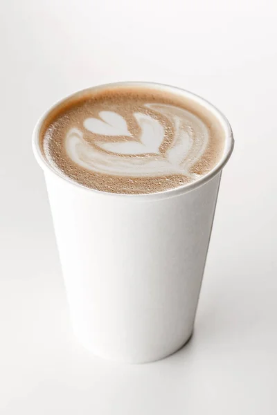 Cappuccino Coffee Latte Art Top White Paper Mug White Background — Stock Photo, Image