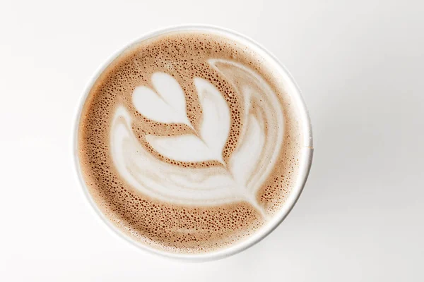 Top View Cappuccino Coffee Latte Art Top White Paper Mug — Stock Photo, Image