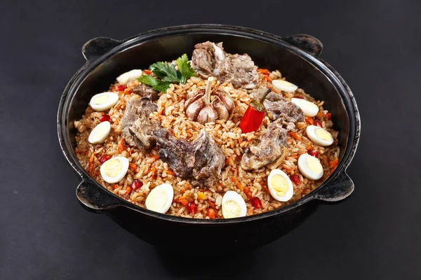 Pilaf Com Carne Cordeiro Prato Cerveja Para Compartilhar Iftar Ramadan — Fotografia de Stock