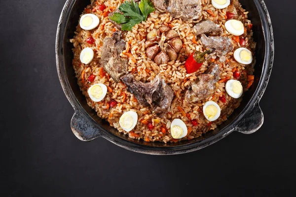 High Quality Photo Famous Dish Pilaf Traditional Uzbek Plov Black — Stock Photo, Image