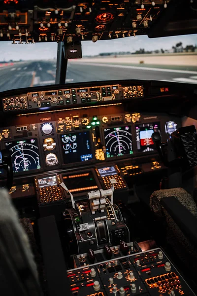 Vista Completa Los Modernos Aviones Boeing Cabina Antes Del Despegue — Foto de Stock