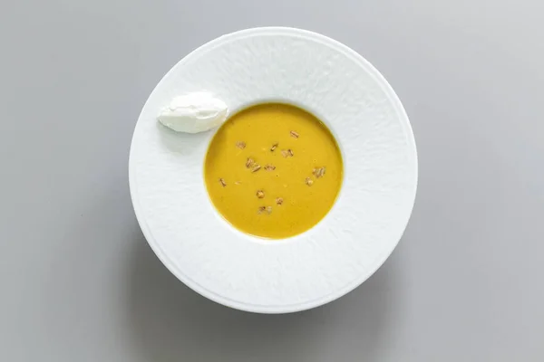 Deliciosa Sopa Casera Calabaza Con Semillas Queso Cabra Perfecto Para — Foto de Stock