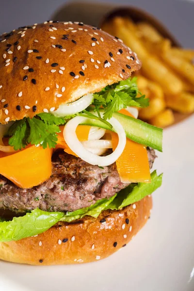 Zdrowy Domowej Roboty Hamburger Wołowy Warzywami Frytki Ziemniaczane Boku Idealny — Zdjęcie stockowe