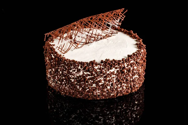 Delicioso Creme Bolo Chocolate Úmido Com Decoração Chocolate Cima Conceito — Fotografia de Stock