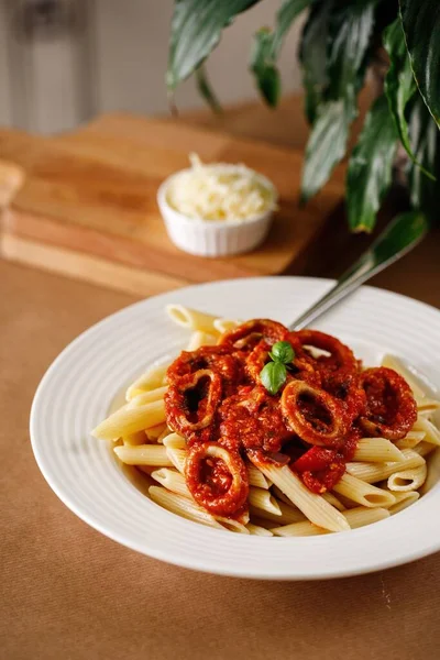 Auténtica Pasta Mediterránea Mariscos Con Salsa Tomate Plato Principal Griego — Foto de Stock