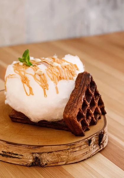 Chocolate Belgian Waffle Topped Cotton Candy Caramel Syrup Presentable Plating — Stock Photo, Image