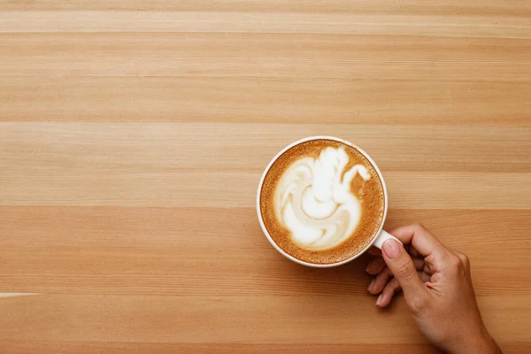 Coffee Latte Hand Nice Presentable Plating White Mug Top View — Stock Photo, Image