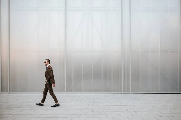 Hombre Negocios Traje Marrón Corbata Con Gafas Sol Fondo Pared —  Fotos de Stock