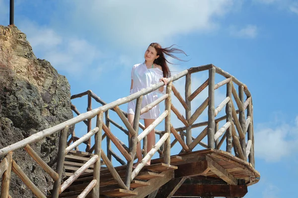 Girl Stands Wooden Staircase — 스톡 사진