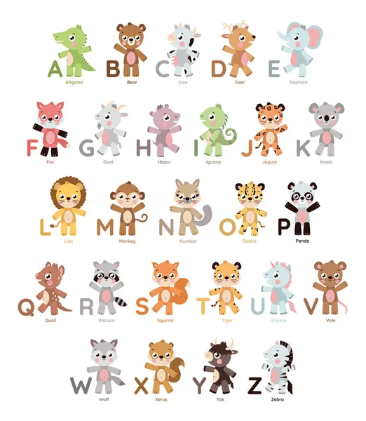 Cute animal alphabet for letter education — Stock Vector