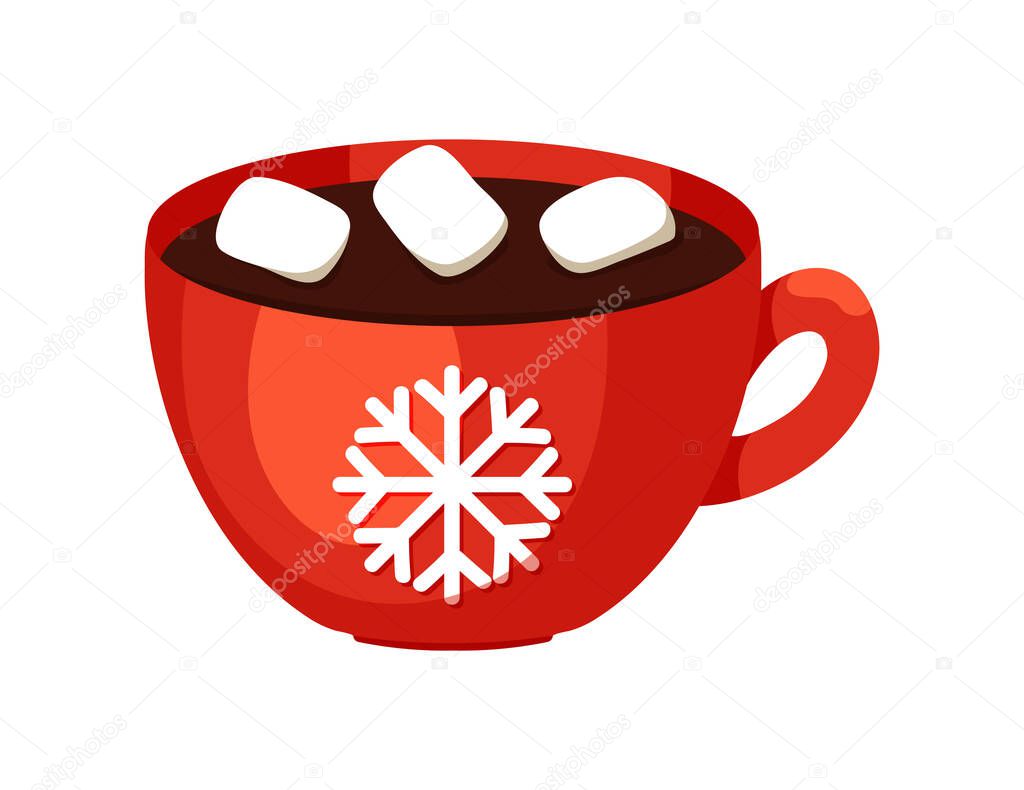 Winter hot drink illustration. Cup illustration with shadows. Simple vector illustration. Red coffee mug. Hot chocolate with marshmallows. Shinny cup illustration.