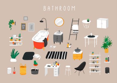 Moda İskandinav tarzı veya hygge tarzında modern ev dekorasyonları ve lüks mobilyaları olan banyoya hazır. Konforlu iç döşemeli ev bitkileri