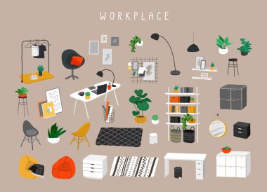 Moda İskandinav tarzı ya da hygge tarzında modern ev dekorasyonları ve lüks mobilyaları olan iş yeri ya da ev ofisi için ayarlanmış. Konforlu iç döşemeli ev bitkileri. Düz çizgi film vektörü