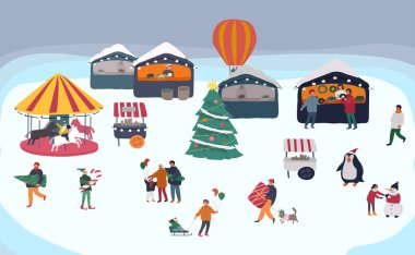 Noel tatili açık hava fuarı ya da şehir meydanındaki sokak pazarı. Tüccarlar ve müşteriler çizgi film karakterleri dekore edilmiş tezgahlar ve büfeler arasında yürüyen insanlar. Tatil Yeni Yıl