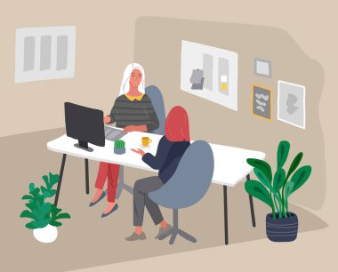 Ofis içi, masalarda oturan ve bir müşteri ya da meslektaşla iletişim kuran bir çalışan. İş ya da hizmet. İş ve finans için vektör karikatür konsepti çizimi
