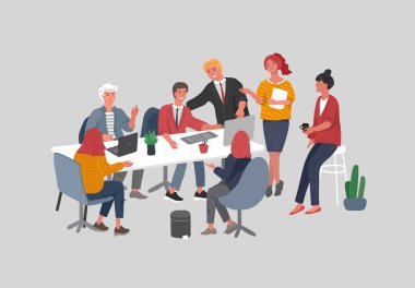 Ofis ya da iş arkadaşları masalarında oturuyor ve iletişim kuruyor, takım çalışması yapıyor. Başarılı takım toplantısı. Bir grup trend genç, yeni başlayan şirket. Vektör karikatürü