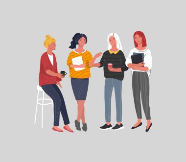 Ofis ya da kadın çalışan iletişim ya da konuşma. Bir grup genç kız işte ya da takım çalışması toplantısında fren yapıyor. Başarılı takım toplantısı. Vektör karikatürü