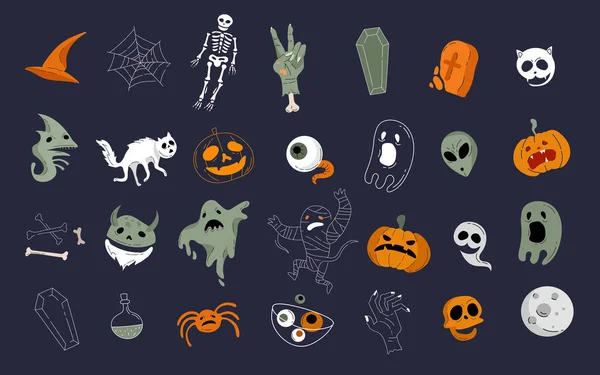 Ikona wektorowa i kolekcja elementów dla Helloween kartki okolicznościowej i plakatu, znak strony. Koncepcja ilustracji ze znakiem i symbolem. Płaska kreskówka projektu — Wektor stockowy