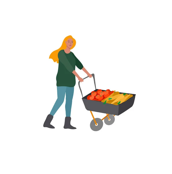 Mädchen sammeln Getreide oder saisonale Ernte, sammeln reifes Gemüse auf einem Wagen. Frauen arbeiten auf einem Bauernhof. Landarbeiter im Herbst. Karikaturenvektor — Stockvektor