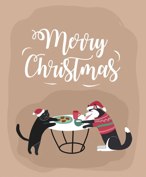 Home pets dressed in Christmas costumes with accessories and knited sweaters. Cozy Winter holiday season illustration and New year typography in Hygge — стоковий вектор