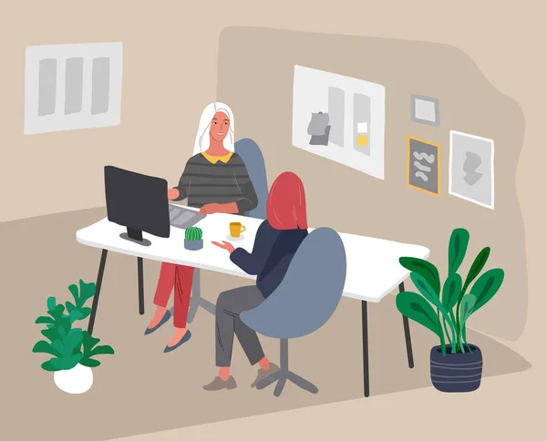 Ofis içi, masalarda oturan ve bir müşteri ya da meslektaşla iletişim kuran bir çalışan. İş ya da hizmet. İş ve finans için vektör karikatür konsepti çizimi — Stok Vektör