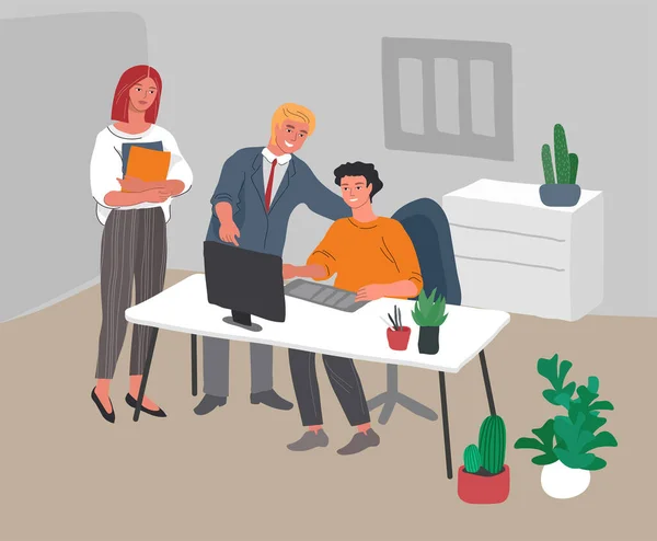 Interior do escritório com os trabalhadores se comunicando ou conversando com o cliente ou conversas entre chefe e treinamento de estagiário. Vector desenho animado ilustração conceito para negócios, finanças, capa — Vetor de Stock