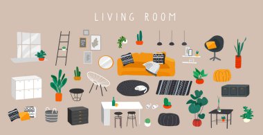 Moda İskandinav tarzı veya hygge tarzında modern ev dekorasyonları ve lüks mobilyalar. Konforlu oturma odaları ya da mobilyalı ev bitkileri. Düz çizgi film vektörü