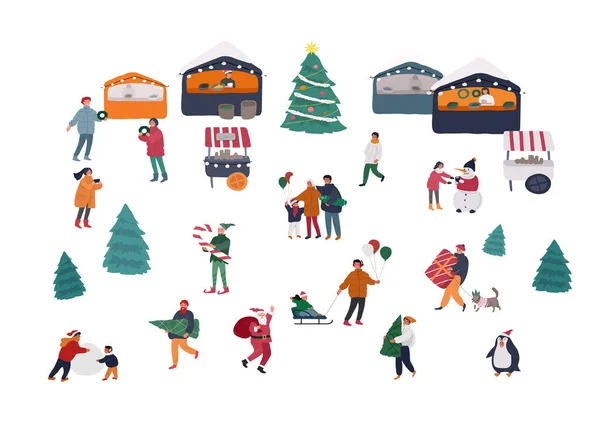Рождественский праздник ярмарка или уличный рынок на городской площади. Торговцы и покупатели мультяшных персонажей люди ходят между украшенными киосками или киосками. Новый год — стоковый вектор