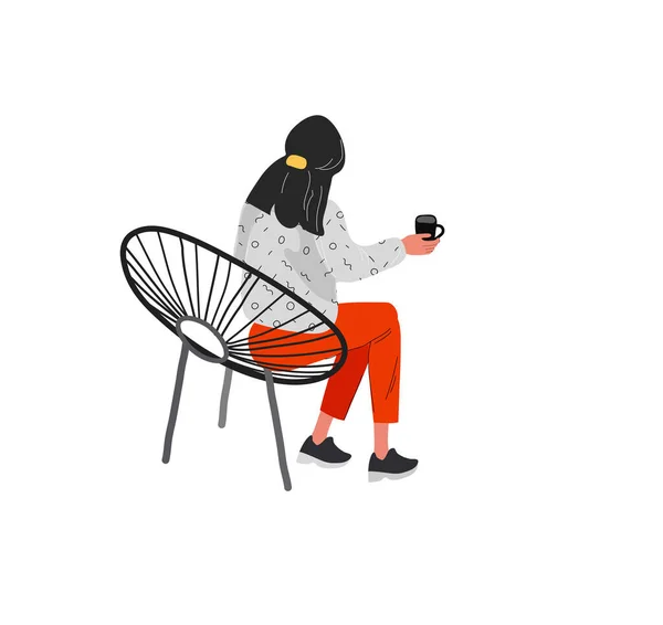 Uppsättning vackra flicka i vardagen scenen. Ung kvinna vilar i fåtölj eller ottoman och dricker kaffe eller vin. Platt tecknad vektor — Stock vektor