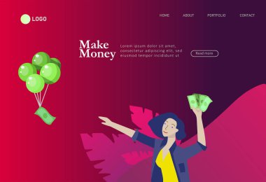 Açılış sayfası şablonu para ile mutlu insanlar, hareket halinde karakterler para kazanmak. İş yatırımı, para yağmuru, erkek ve kadın kar ile koşmak, faturaları yakalamak. Karikatür tarzı, düz vektör