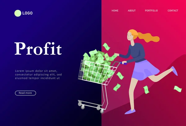 Landing page template gelukkige mensen met geld, personages in beweging geld verdienen. Zakelijke investeringen, geld regen, mannen en vrouwen lopen met winst, vangst rekeningen. Cartoon stijl, platte vector — Stockvector