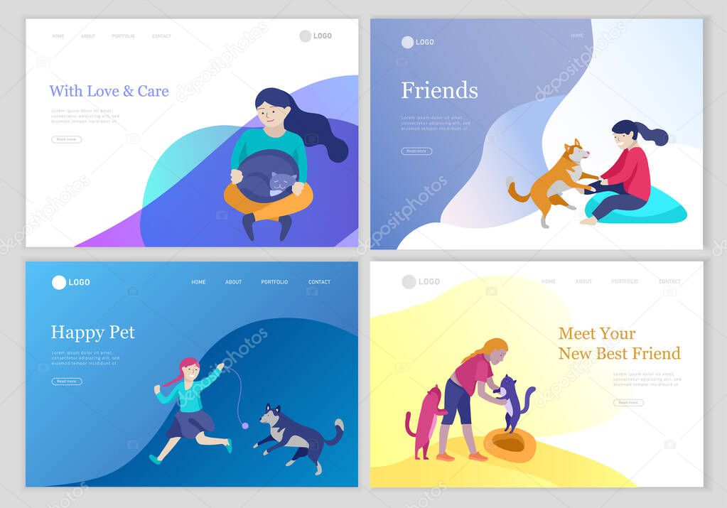 Landing page set of children with cats and dog. Happy, funny kids playing, love and taking care of kittens, pet animals in flat cartoon
