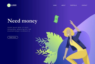 Açılış sayfası şablonu para ile mutlu insanlar, hareket halinde karakterler para kazanmak. İş yatırımı, para yağmuru, erkek ve kadın kar ile koşmak, faturaları yakalamak. Karikatür tarzı, düz vektör