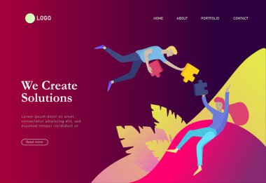 Puzzle Infographic ile vektör karakter iş insanları çözüm var. Gol düşünme. Bir ekip oluşturmak için Grup tarafından işbirliği. Konsept Web Tasarım renkli düz kavramı