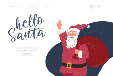 Noel ve Noel Baba ile yeni yıl tatili seti için iniş sayfası şablonu. Noel kış fuarı. Çizgi film vektör illüstrasyonu