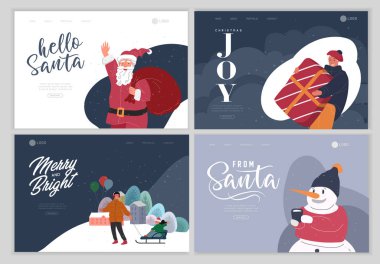 İniş sayfası şablonu. Noel tatili açık hava fuarı ya da şehir meydanı davetiye kartında sokak pazarı. Süslü büfeler ve büfeler arasında yürüyen karakterler. Tatil Yeni Yıl