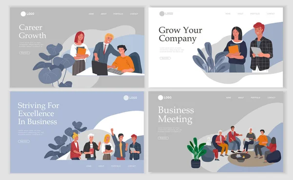 Business Landing pagina sjabloon met kantoormedewerkers communiceren of praten met de klant of gesprekken tussen teamwork of vergadering, brainstormen. Vector cartoon concept illustratie — Stockvector