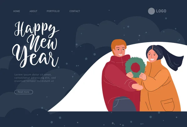 Landing page template Χριστούγεννα και Πρωτοχρονιά γιορτή διακοπών με ευτυχισμένο ζευγάρι στην αγάπη. Αγόρι και κορίτσι απολαμβάνουν τις χειμερινές διακοπές. Εορταστική Vector κινούμενα σχέδια — Διανυσματικό Αρχείο