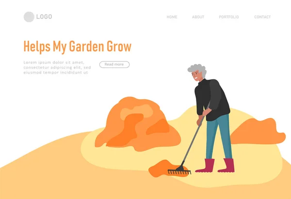 Landningssida mall med människor som samlar grödor eller säsongsskörd, samla mogna grönsaker. Män, kvinnor arbetar på en gård. Jordbruksarbetare på hösten. Tecknad vektor — Stock vektor
