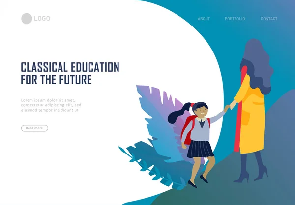 Landningssida mall med Tillbaka till skolan platt vektor illustration. 16 och tonåriga skolbarn. Föräldrar med barn, skolkamrater, vänner tecknade figurer. Skolpojkar och — Stock vektor