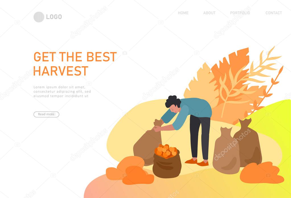 Landing page template with People gathering crops or seasonal harvest, collecting ripe vegetables. Men, women work on a farm. Agricultural workers in autumn. Cartoon vector