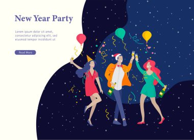 Sayfa şablonu veya kart kış açılış şirket parti tatil. Neşeli Noel ve mutlu yeni yıl insanların karakterleri ile. Şirket genç arkadaşlar veya iş arkadaşları kutluyor