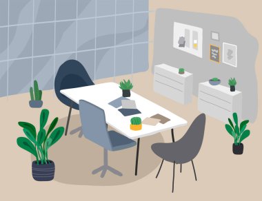 Ev bitkileri vektör illüstrasyonlu ofis. Ortak çalışma alanı iç tasarımı İskandinav tarzı veya İskandinav tarzı. Yuvarlanan sandalyeli işçi masaları. Laptoplar ve saksılar