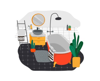 Scandinavian or Nordic style interior. Hand drawing Scandinavian, style cozy bathroom with homeplants. Cartoon