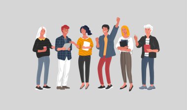 Ofis ya da iş arkadaşları iletişim kuruyor. Bir grup trend genç iş yerinde ya da takım çalışması toplantısında fren yapıyor. İş yerinde şirket kurmak. Vektör karikatürü