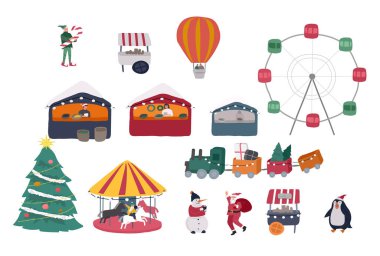Christmas holiday outdoor fair or street market on town square. Merchants and customers cartoon characters people walking between decorated stalls or kiosks. Holiday New year clipart