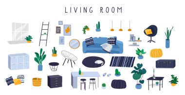 Moda İskandinav tarzı veya hygge tarzında modern ev dekorasyonları ve lüks mobilyalar. Konforlu oturma odaları ya da mobilyalı ev bitkileri. Düz çizgi film vektörü