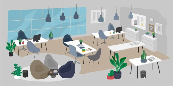 Büro mit Zimmerpflanzen Vektor Illustration. Coworking Workspace Innenarchitektur im nordischen oder skandinavischen Stil. Arbeitstische mit Rollstühlen. Laptops und Topfpflanzen — Stockvektor