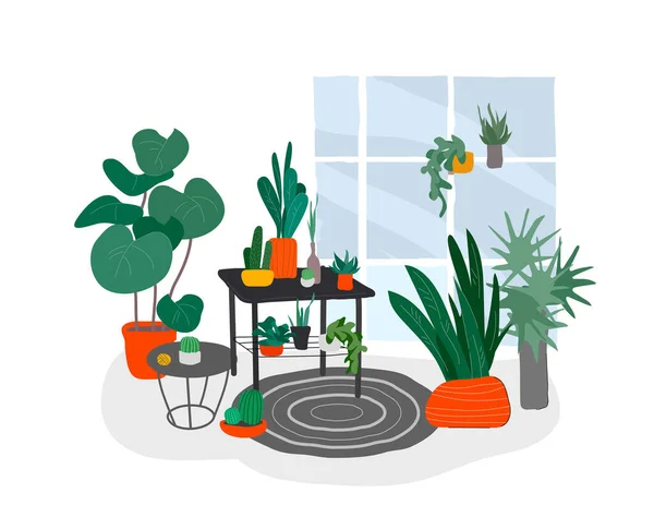 Plantas de casa em jardim urbano com gato. Escandinávia ou estilo nórdico sala de estar interior. Estilo de desenho à mão interior acolhedor com homeplants. Vetor dos desenhos animados — Vetor de Stock